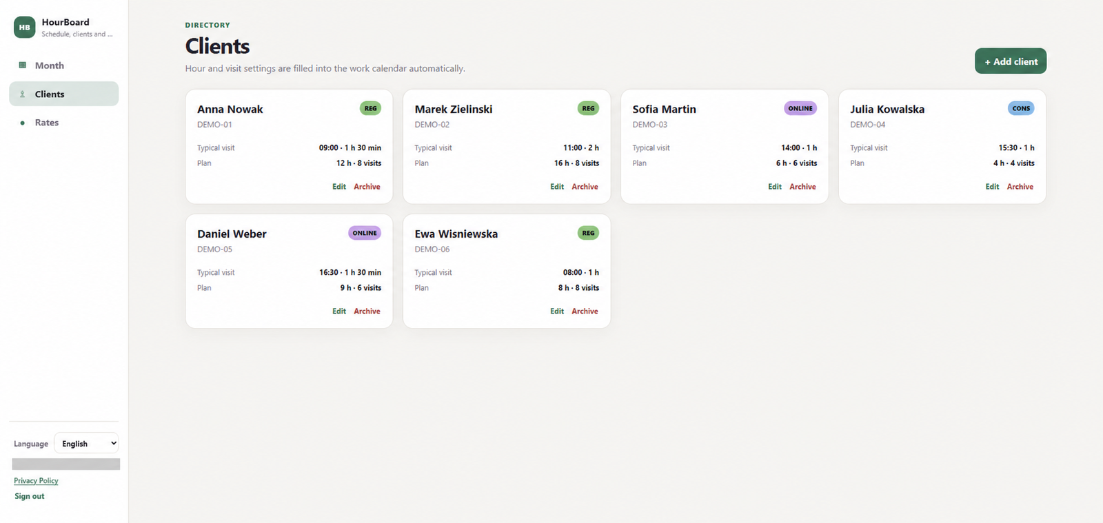 HourBoard demo client cards with default rates and monthly plans